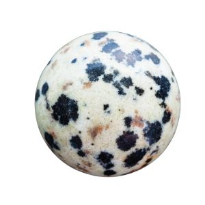 Pietra beige con macchie nere irregolari, simile al mantello di un dalmata.