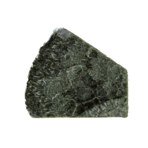 Minerale verde scuro con venature argentate simili a piume.