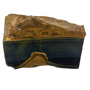Pietra Blue Tiger Eye lucida con striature blu e nere, utilizzata in gioielleria per il suo effetto iridescente.